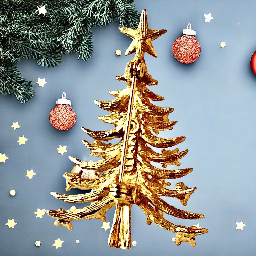 MYLU Vintage Christmas Tree Pin Goldtone AURORA BOREALIS RHINESTONE & PEARLS